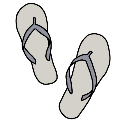 A grey pair of flip flops, known as thongs in Australia.